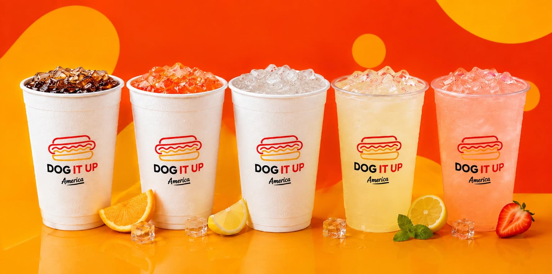 Two branded cups with an iced drink and a lemonade