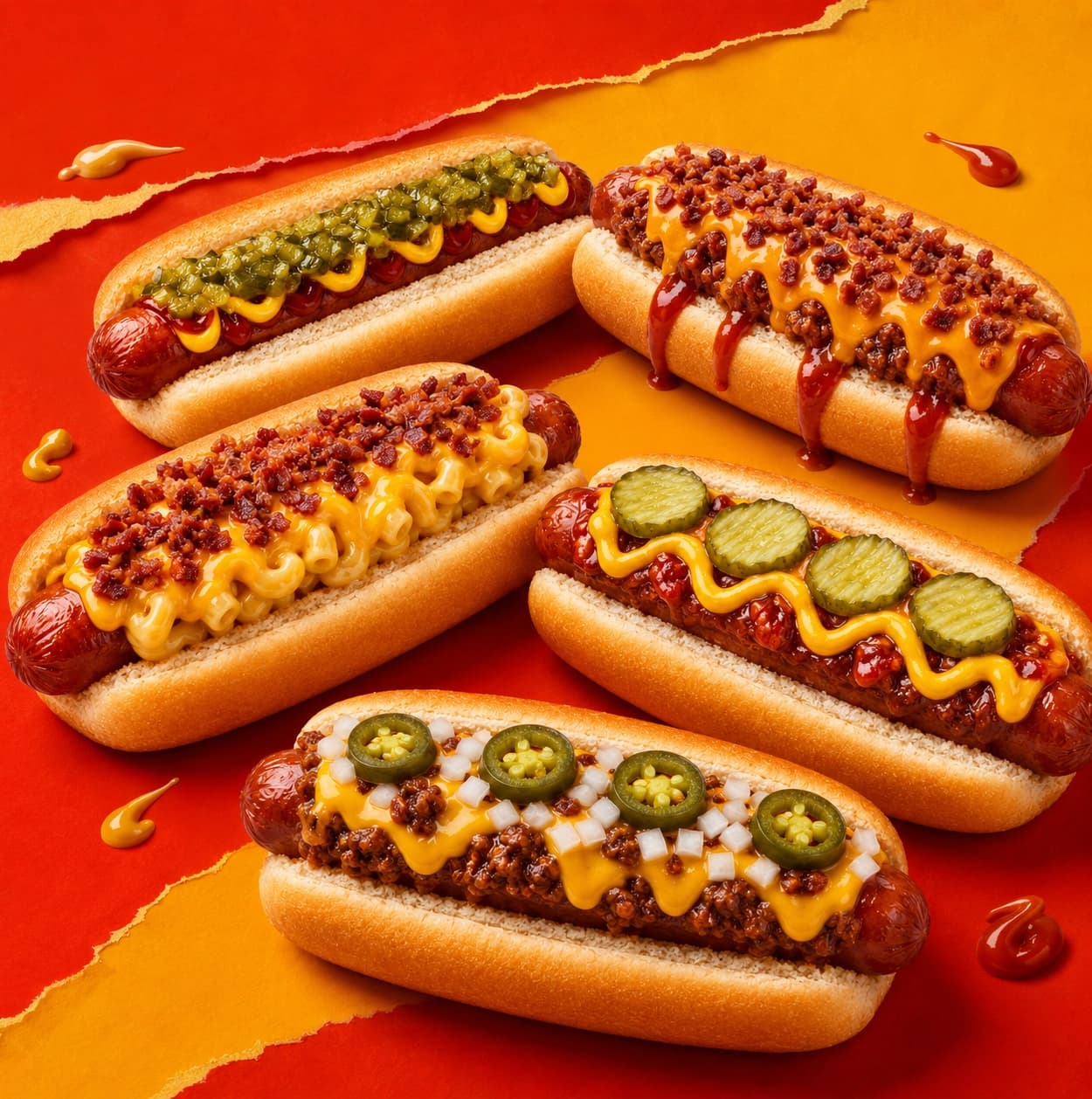 Five loaded signature hot dogs on an orange backdrop
