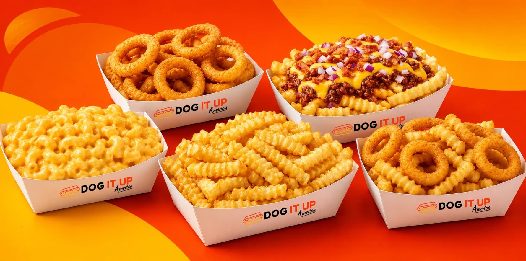 Boxes of crinkle fries, mac n cheese and onion rings
