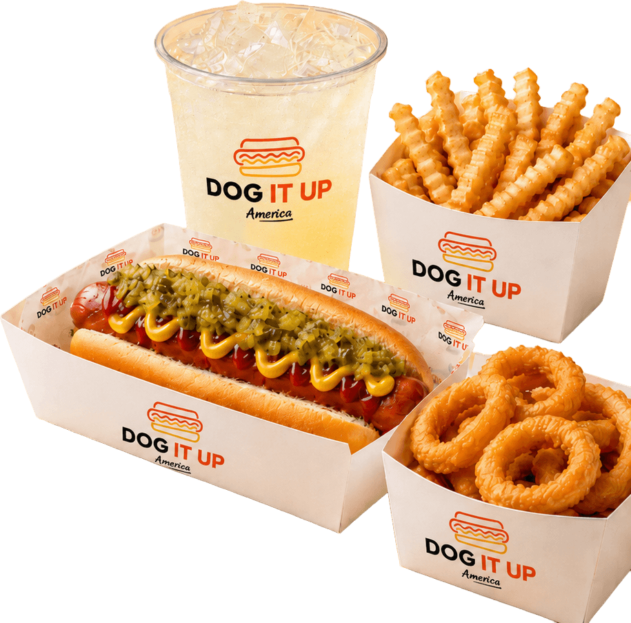 Dog It Up hot dog, fries and drink
