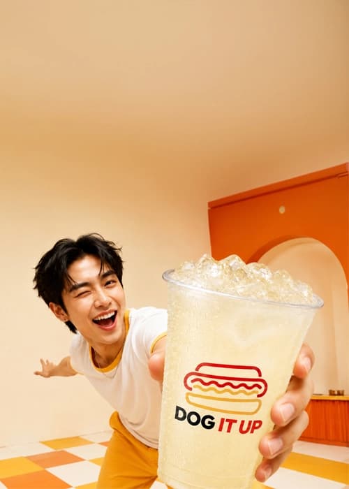Smiling person holding out a giant iced lemonade in a DOG IT UP cup in a retro diner