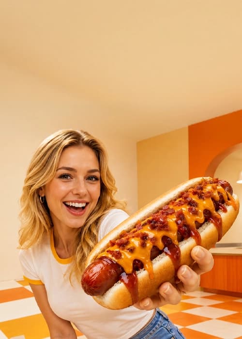 Smiling person holding out a giant chili cheese dog topped with bacon crumbles in a retro diner