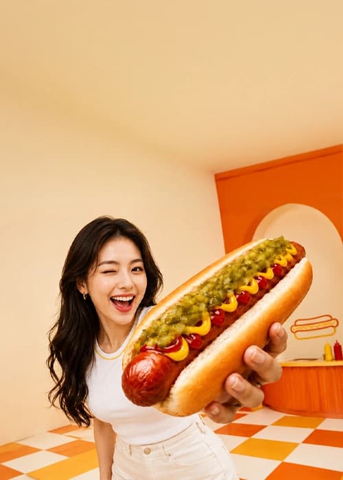 Smiling person holding out a giant classic hot dog with relish, mustard and ketchup in a retro diner