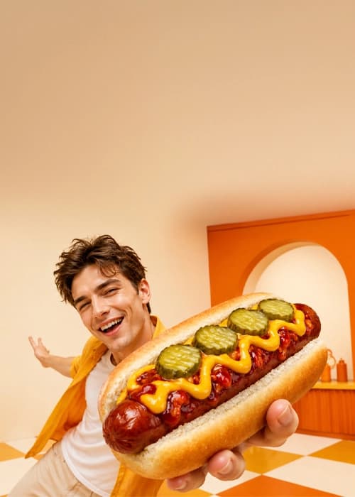 Smiling person holding out a giant hot dog with pickles, mustard and barbecue sauce in a retro diner