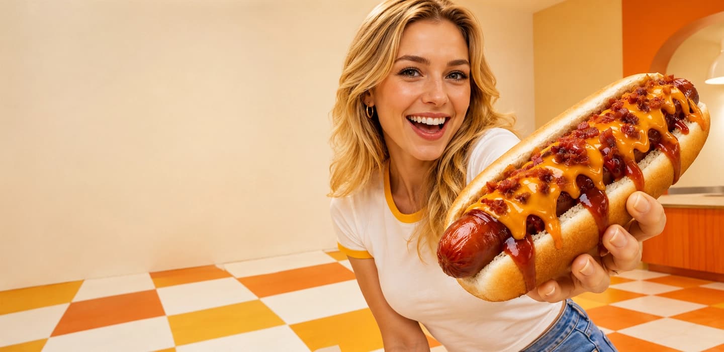 Smiling person holding out a giant chili cheese dog topped with bacon crumbles in a retro diner