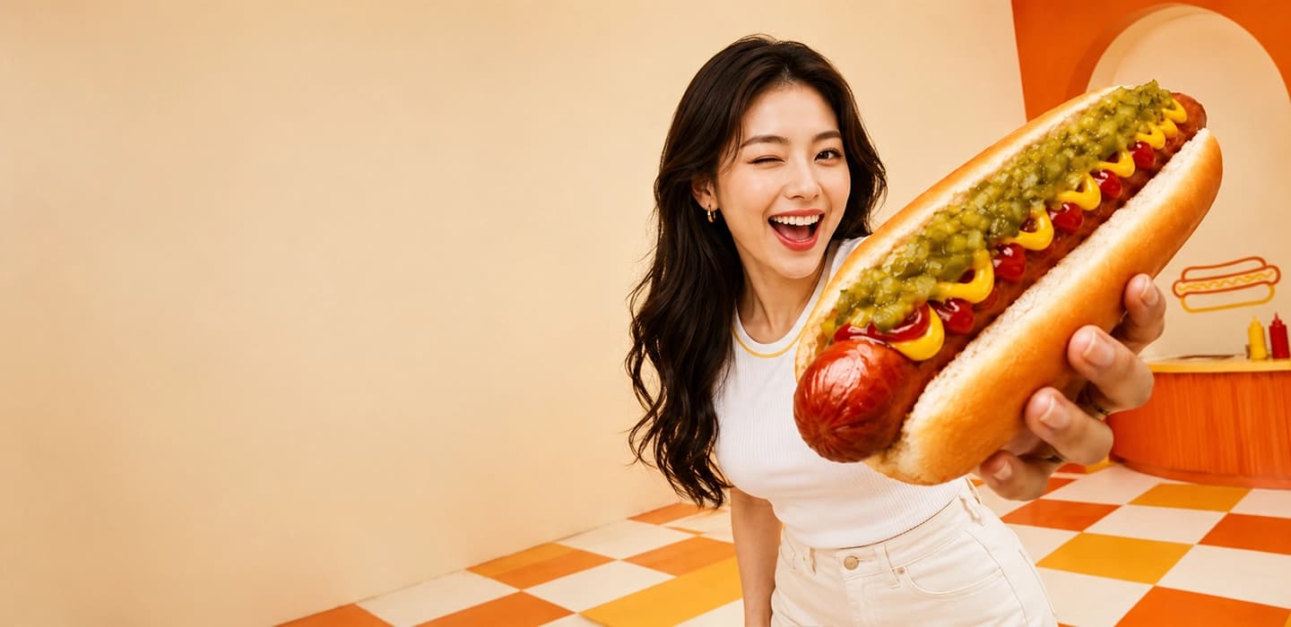 Smiling person holding out a giant classic hot dog with relish, mustard and ketchup in a retro diner