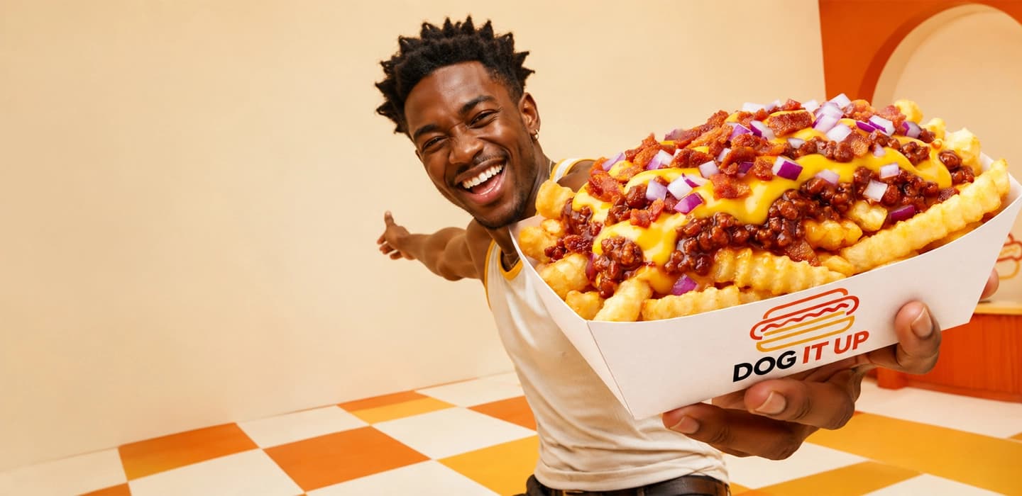 Smiling person holding out a giant loaded crinkle-cut fries with chili, cheese and onion in a retro diner