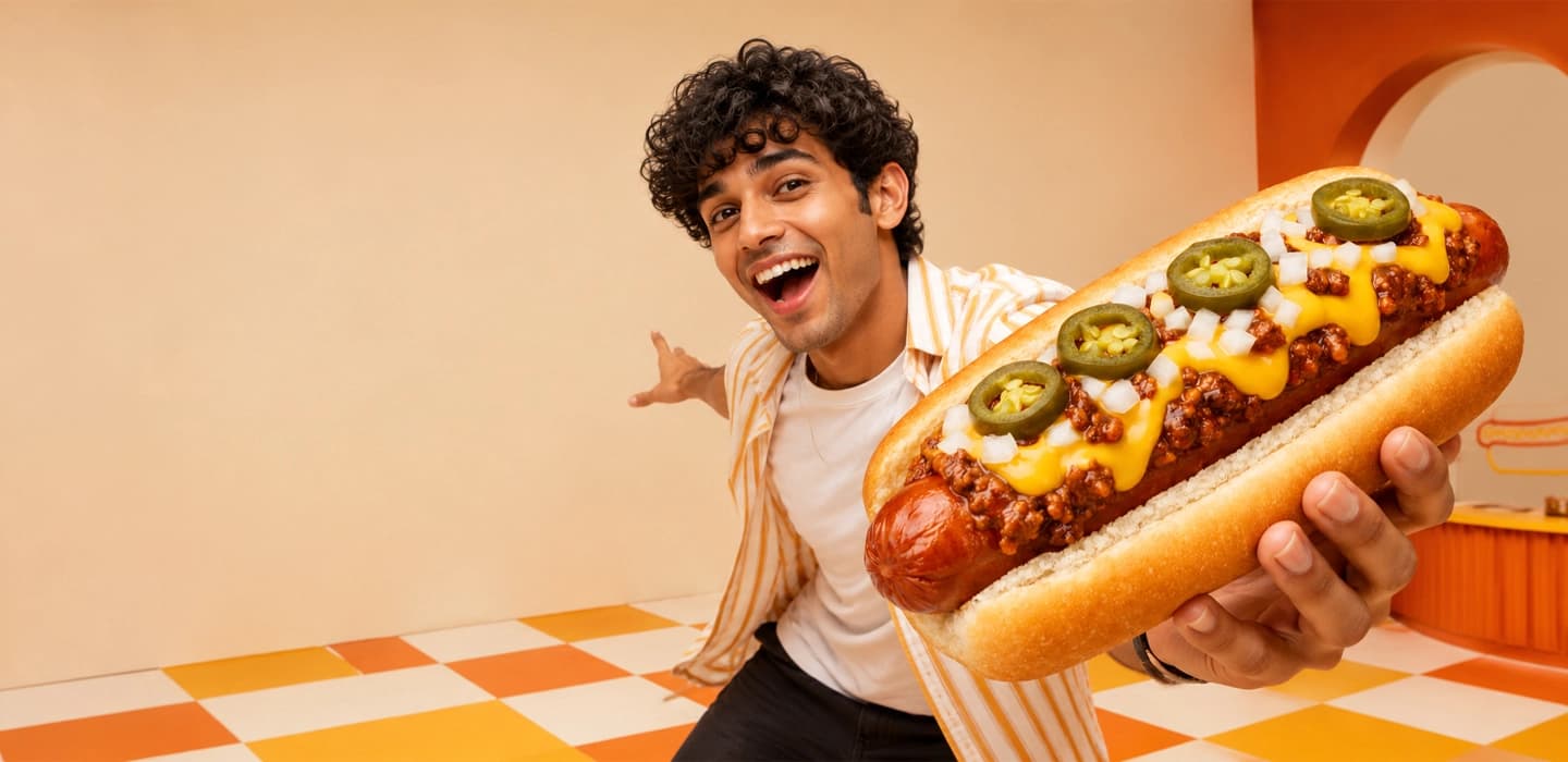Smiling person holding out a giant chili cheese dog topped with jalapenos and onion in a retro diner
