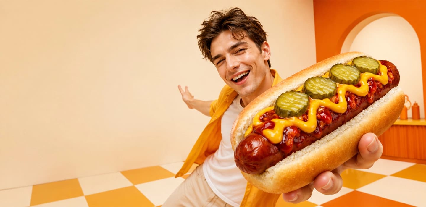 Smiling person holding out a giant hot dog with pickles, mustard and barbecue sauce in a retro diner