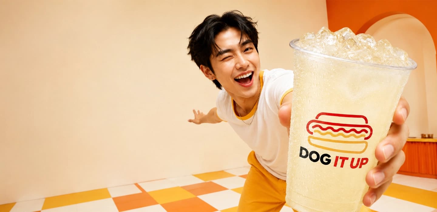 Smiling person holding out a giant iced lemonade in a DOG IT UP cup in a retro diner