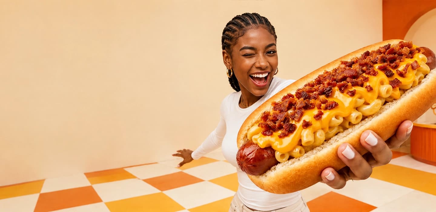 Smiling person holding out a giant mac and cheese dog topped with bacon crumbles in a retro diner